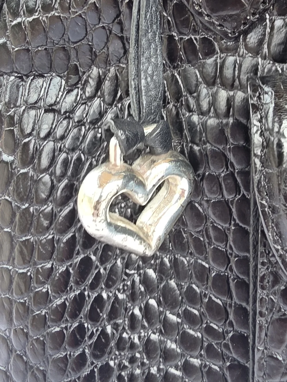 Vintage Brighton Black Leather Croc Pattern with Floral Lining w/ Inner Pockets
